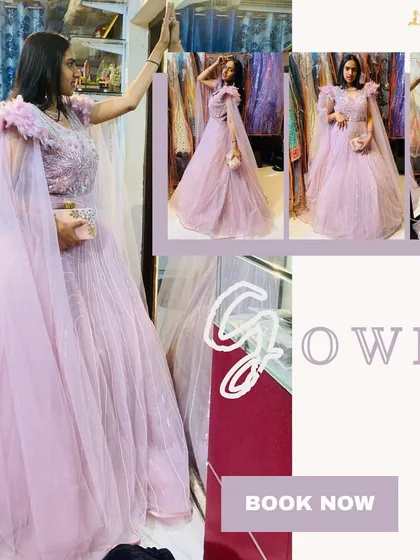 Beyond lehengas, I also offer beautiful gowns for your engagement or reception party. This light pink gown with feather-detailed shoulders is a fairytale outfit, and you can rent it for your event.