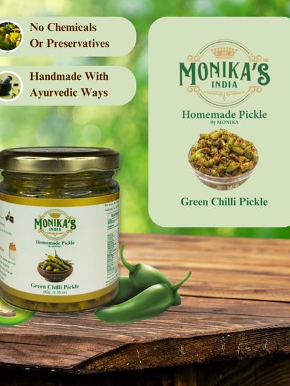 I believe in keeping things natural. My Green Chilli Pickle is made without any chemicals or preservatives, using traditional Ayurvedic methods to ensure the best taste and quality. It's pure, homemade spice.