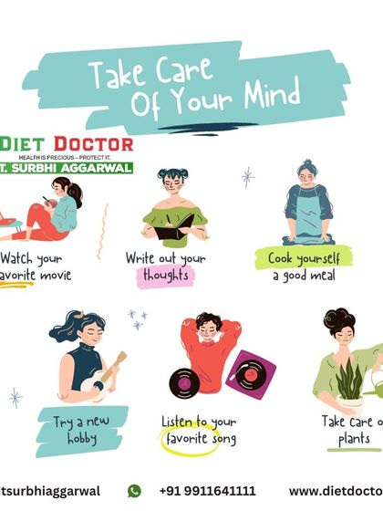 Taking care of your mind is as important as taking care of your body. This visual offers simple ideas for mental self-care, like trying a new hobby, listening to music, or cooking a good meal.