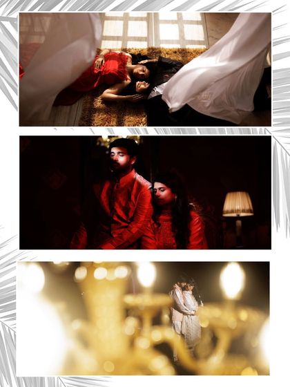 A collage of intimate and cinematic moments. The top shot uses flowing fabric for a dreamy effect, while the others use low light and rich colors for a moody, romantic feel.