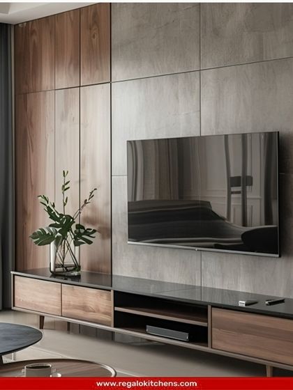 A full wall unit combining wood and stone-finish panels. This design provides extensive storage and creates a warm, natural, and cohesive look.