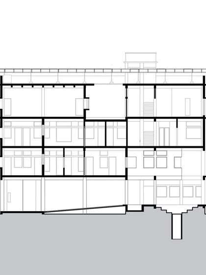 A detailed cross-section of the four-story ASA Office in Bhopal. The drawing shows the elevated ground floor, the deep overhangs for shading, and the layout of the collaborative workspaces on each level.