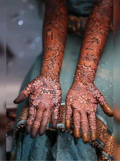 This bride's mehendi tells her story with her name 'Hafiza' and the couple's initials 'H' and 'Z' incorporated into the design.