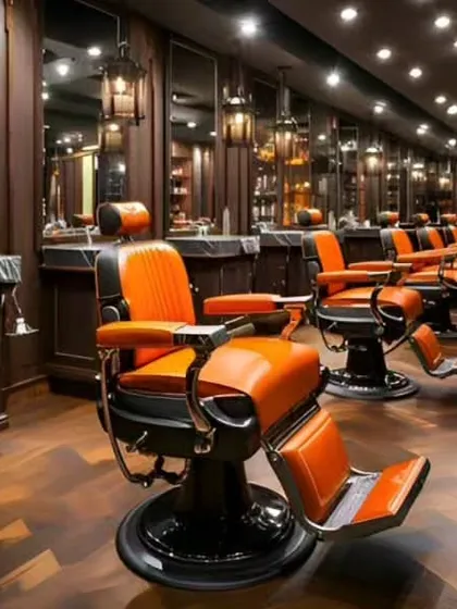 A look inside a classic, upscale barbershop we designed. The project features rich dark wood, custom workstations with marble tops, and vintage-style orange leather chairs to create a timeless and masculine feel, enhancing the premium customer experience.