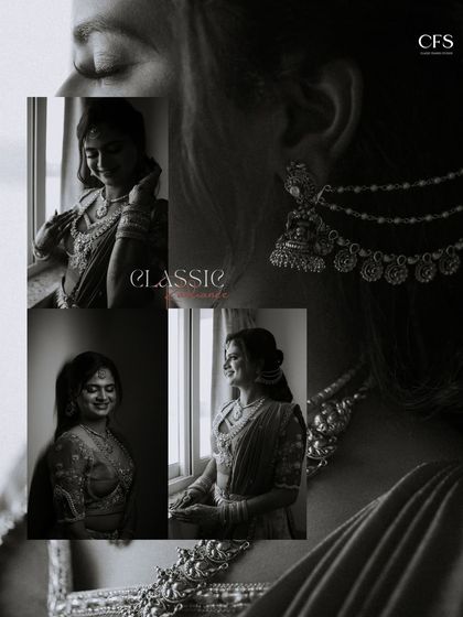 A classic black and white collage of bridal portraits. The soft, natural light from the window creates a timeless and elegant mood, highlighting the bride's beauty.