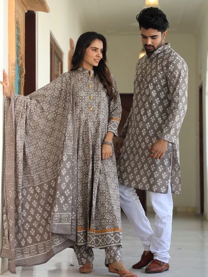 A subtle and sophisticated grey couple's set with a delicate white block print. Perfect for daytime events and gatherings.