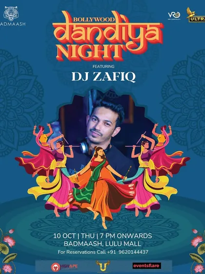 A poster for a Bollywood Dandiya Night at Badmaash, Lulu Mall. These events are a great way to celebrate our culture with music and dance.