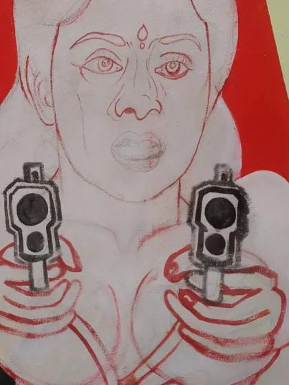 Detailing the heroine's face and weapons in the 'Bombay to Goa' poster, ensuring every expression and element is captured with precision.