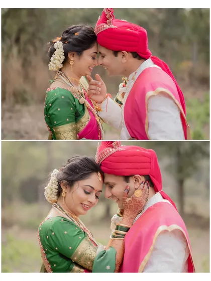 A collage of two intimate portraits of a Maharashtrian couple, capturing the gentle touches and loving smiles on their wedding day.