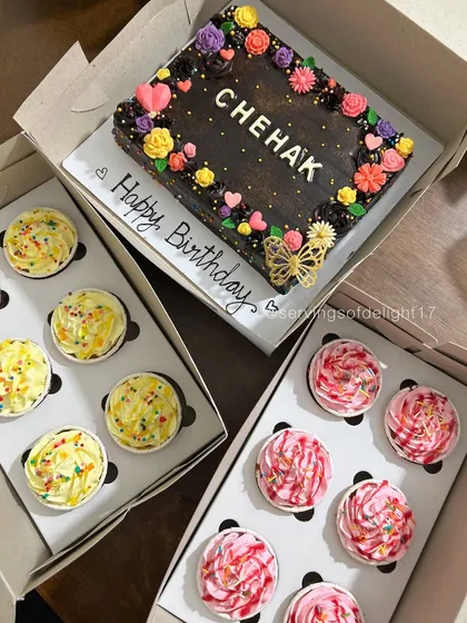A perfect combo for a birthday party! This order included a personalized fudgy brownie sheet cake and two boxes of assorted cupcakes in vanilla and strawberry flavors.