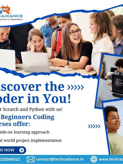 An ad for our beginner coding courses, where students can master Scratch and Python through a hands-on learning approach.
