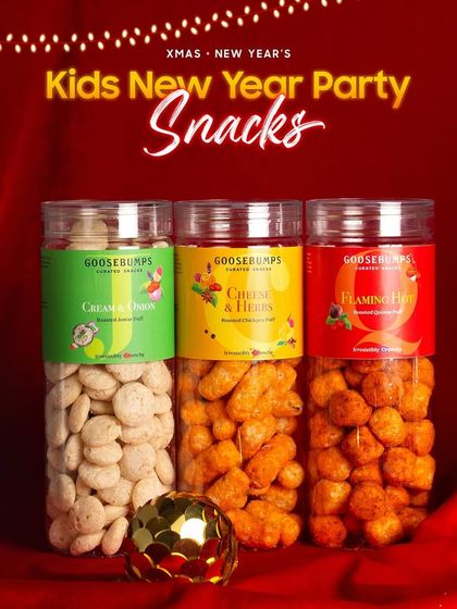 A closer look at the savoury snacks from my Kids New Year Party combo. This includes kid-approved flavours like Cream & Onion Makhana, Cheese & Herbs Chickpea Puffs, and Pizza Flavoured Quinoa Puffs.