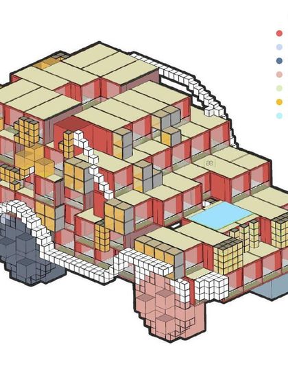 An axonometric diagram showing the programmatic distribution within the "pixelated" resort concept, with different functions like rooms, restaurants, and pools assigned to different blocks.