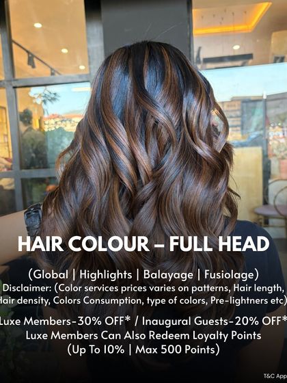 An offer for a full head of hair colour, including options like Global, Highlights, Balayage, and Fusiolage, with special discounts for members and new guests.