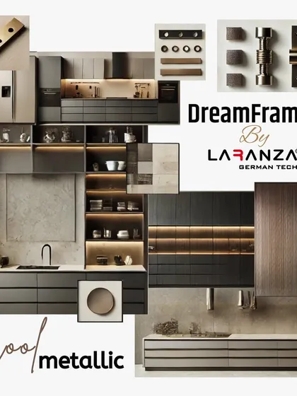 The "Cool Metallic" DreamFrames mood board features sleek surfaces, muted tones, and understated elegance, perfect for a modern, industrial-inspired kitchen.