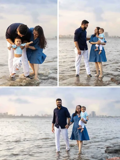 A beautiful collage of a family's beach session, showing their walk along the shore and playful interactions against a stunning Mumbai backdrop.