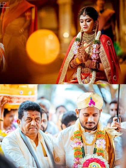 A collage showing the bride in a moment of prayer and the groom's solemn procession with his father.