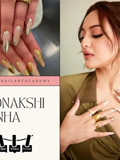 Get the celebrity look. This design is inspired by Sonakshi Sinha's iconic gold and nude metallic nails.