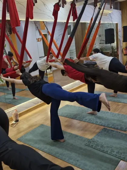 A class full of warriors, finding their balance between the mat and the air. This hybrid pose uses the hammock for support while grounding through the standing leg, building stability and strength.