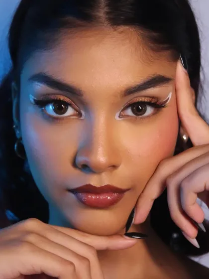 A close-up that captures the intensity of the gaze, enhanced by the unique white liner.