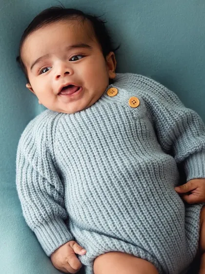 A sweet baby in a cozy blue knit romper. Milestone sessions at 3 months are perfect for capturing those chubby cheeks and developing expressions.
