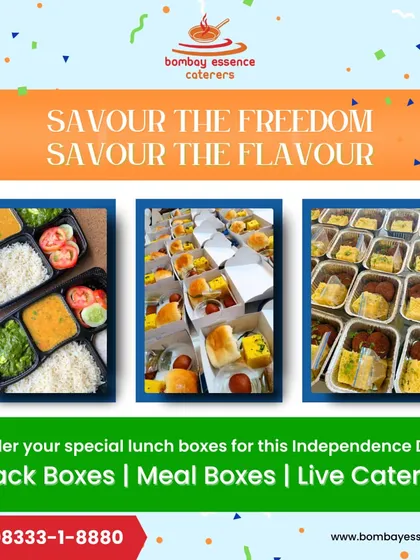 Celebrate national holidays with our special meal boxes, snack boxes, and live catering services. This graphic for Independence Day shows the variety of catering options we provide for your special events.