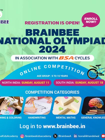 Registration is open for the 2024 National Olympiad. This poster details the online competition dates and categories.