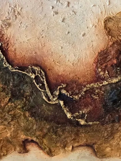 I call this piece 'The Rustic Road.' Using texture paste, sand, and earthy pigments, I wanted to capture the feeling of a weathered, untamed path. The raised golden line that runs through it represents a thread of hope and guidance on a long journey, turning a simple canvas into a story of endurance.