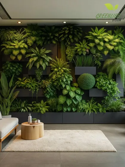 We design green walls that are true works of art. This concept shows a multi-dimensional installation with varying depths and plant types to create a stunning focal point.