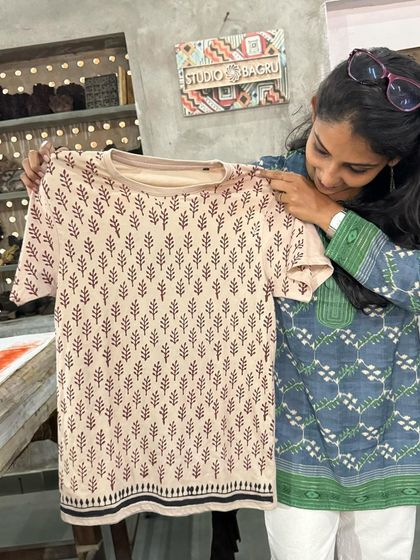 I had an amazing time learning the traditional Bagru printing technique in Rajasthan from artisans. This is a cotton tee I designed and printed myself using natural colours and hand-carved blocks, a beautiful reminder of the richness of India's craft heritage.