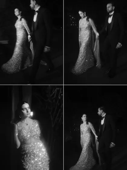 A collage of black and white images from Kajal and Anurag's engagement, capturing their walk and intimate portraits with a timeless feel.
