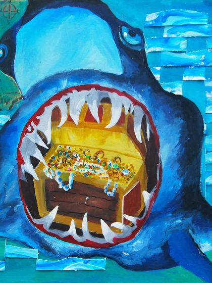 This student used the canvas weaving technique to create a surreal and narrative piece. A treasure chest is revealed inside a shark's mouth, with the woven water creating a sense of movement and fragmentation. A brilliant fusion of technique and storytelling.