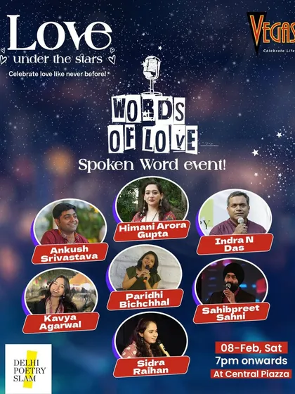 We host professionally curated shows around different themes. This poster for our 'Words of Love' event gives you a glimpse into our themed showcases, featuring a lineup of our star performers at a major Delhi venue.