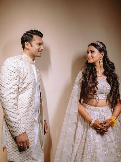 A simple yet powerful studio-style portrait of the couple looking at each other.