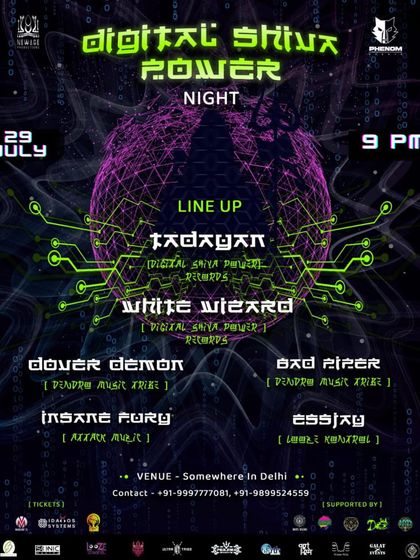 The full lineup for the 'Digital Shiva Power Night', showcasing a powerful roster of artists for a night of serious psychedelic music.