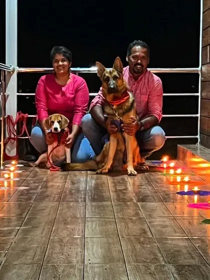 Our complete family, Jiraiya and Jeannie included, celebrating Diwali at home. I believe pets are part of every family moment, big or small, and I love capturing these special occasions.