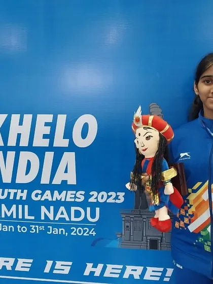 A proud moment for Anushka, holding her Gold medal and mascot from the Khelo India Youth Games.