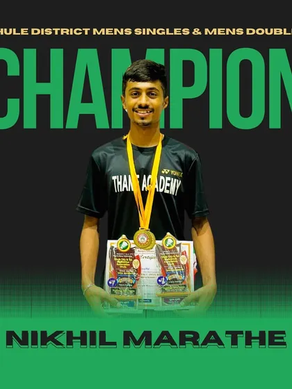 Nikhil Marathe celebrating his double crown victory in Men's Singles and Men's Doubles at the Dhule District Championships.