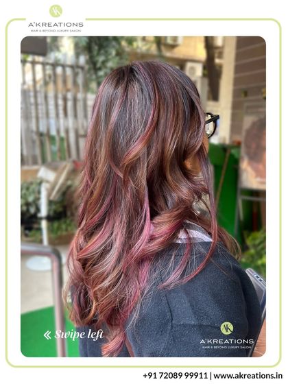 A playful yet sophisticated look featuring soft pink and red tones. This color is perfect for clients looking to add a creative touch to their style.