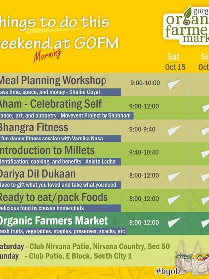 A detailed schedule of "Things to do this weekend at GOFM," including workshops and fitness sessions.