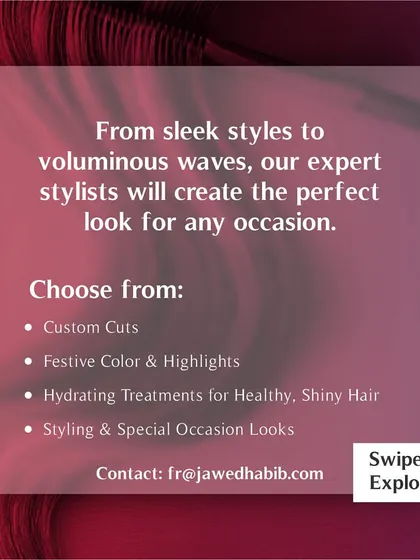 This graphic outlines the festive looks we can create for you, from custom cuts and highlights to special occasion styling. We have a service for every event on your calendar.