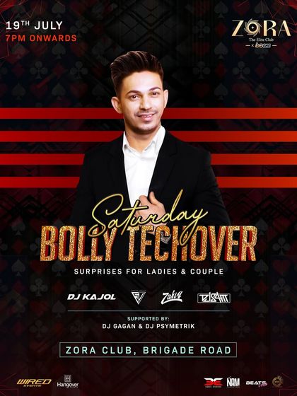 The flyer for a "Bolly Techover" night at Zora Club on Brigade Road, where I blended Bollywood vocals with techno beats.
