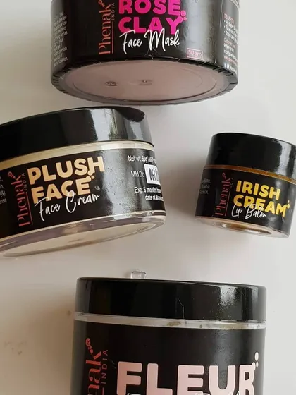 This image shows a beautiful collection of some of my most-loved products, as shared by a member of our community. It includes the Rose Clay Face Mask, Plush Face Cream, Irish Cream Lip Balm, and Fleur Body Butter.