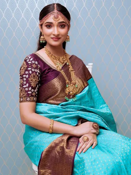 A seated portrait of the model, showcasing the beautiful drape of the saree and the layered necklaces.