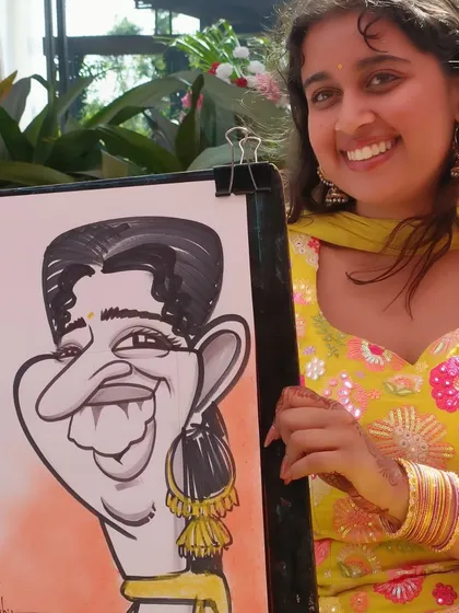 A beautiful smile captured in a caricature at a Lonavala wedding. My goal is always to highlight the joy and character of each person I draw.