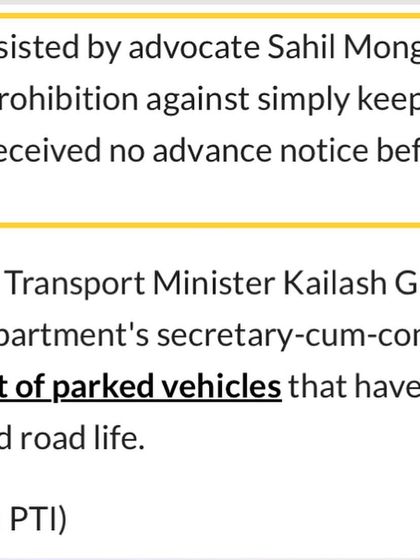A snippet from a news article highlighting my role in assisting the petitioner and arguing against the legality of seizing parked vehicles that have reached their prescribed road life.