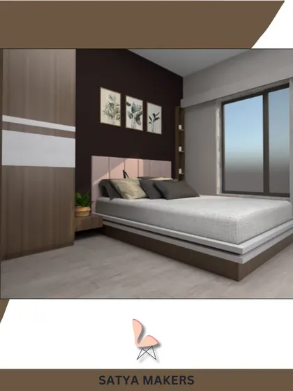 Another bedroom concept with a dark accent wall and wood-toned furniture.