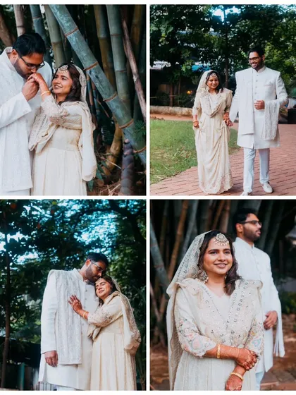 A collage of romantic moments shared between the couple in a lush, natural setting. We explore different poses and angles to create a diverse collection of portraits.