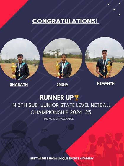 Runner-up finish for our players Sharath, Sneha, and Hemanth at the 6th Sub-Junior State Level Netball Championship in Tumkur.