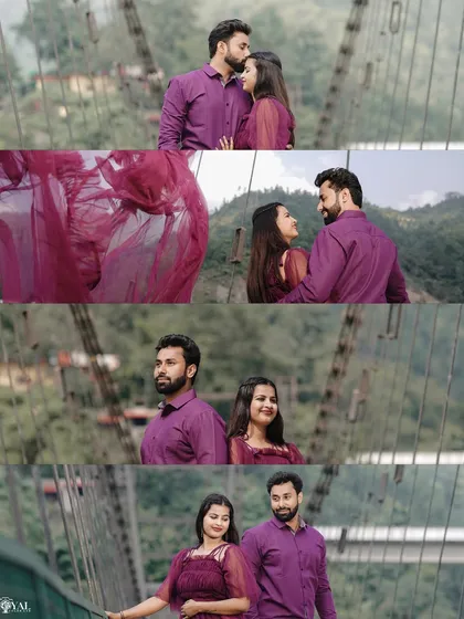 A series of images capturing a couple in matching purple outfits, walking and posing on the bridge against a mountain backdrop.